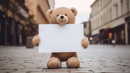 Muurstickers cute teddy bear holding a blank sign against the background of the park © Verzh