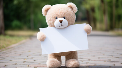 cute teddy bear holding a blank sign against the background of the park