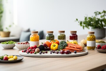 Organic food supplements on wooden table with blurred background and copy space for text placement
