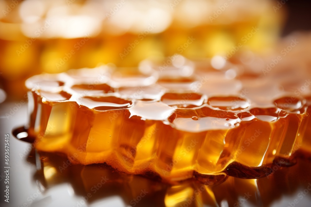 Aufkleber golden honey dripping from honeycomb on abstract background with space for text or design