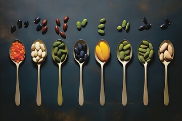 Spoon with a variety of dietary supplements for a nutritious and well balanced lifestyle