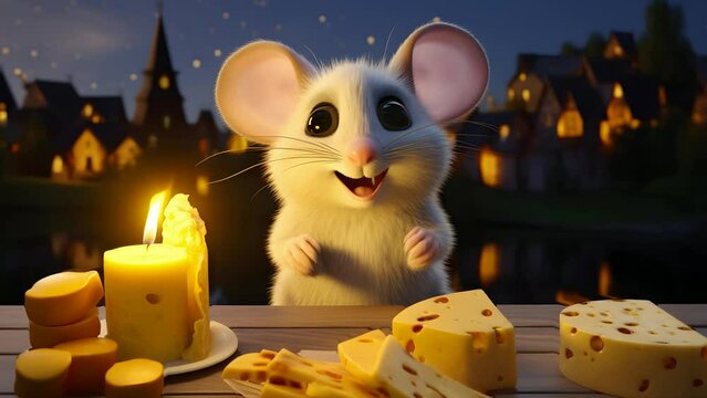 Cheerful Mouse with Cheese Assortment. Cartoon Style video created with Generative AI