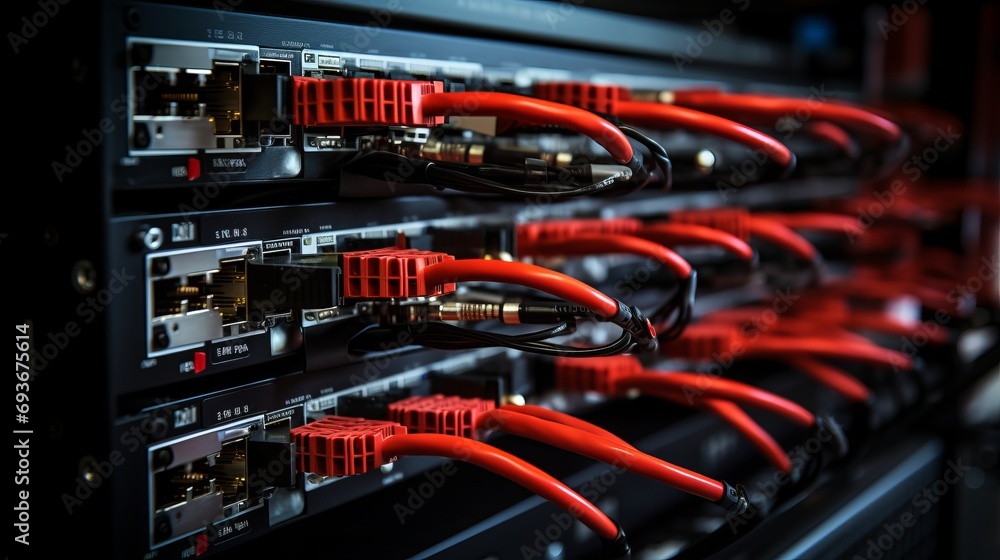 Poster assorted ethernet network cables properly connected to a switch for seamless connectivity
