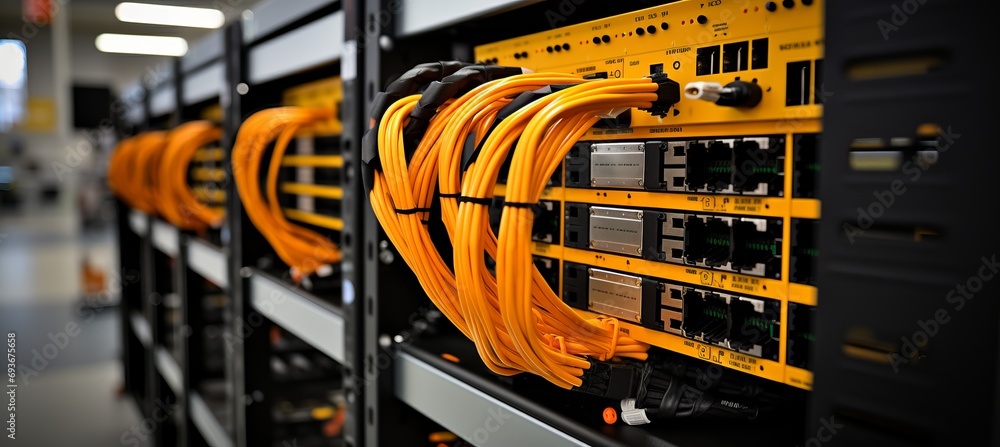Poster close up of neatly arranged network ethernet cables plugged into a switch for seamless connectivity