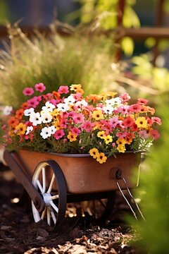Growing flowers in a flower bed in the form of a cart