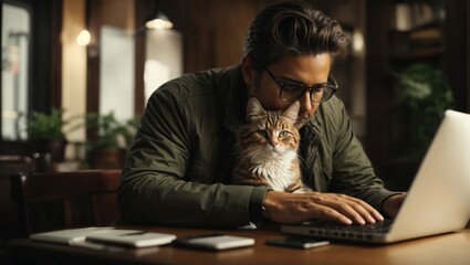 Young man working on laptop in cafe. Handsome young man in glasses using laptop while sitting at table with cat