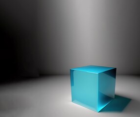 Empty podium pedestal blue transparent cube for product presentation. AI generated.