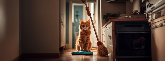 cat janitor in a janitor's suit cleans the house with a vacuum cleaner, cleaning company concept. - obrazy, fototapety, plakaty