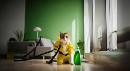 cat janitor in a janitor's suit cleans the house with a vacuum cleaner, cleaning company concept. - obrazy, fototapety, plakaty