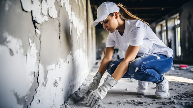 Young woman diligently painting the wall with a paint roller while crouching in her cozy home