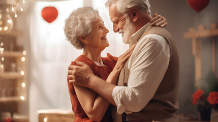 Senior couple hugging and smiling celebrating Valentine's Day, women's Day, wedding anniversary. A mature couple husband and wife are happy spending time together. The concept of romantic relationship