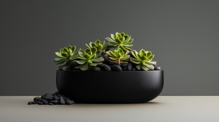 a succulent plant elegantly placed in a black pot, in a minimalist modern style, accentuating the simplicity and beauty of the succulent.