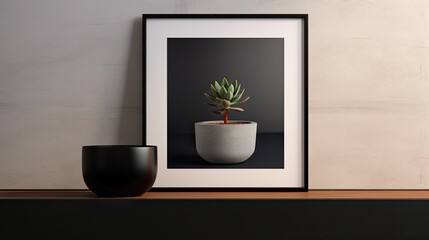 a succulent plant elegantly placed in a black pot, in a minimalist modern style, accentuating the simplicity and beauty of the succulent.