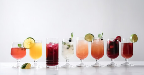 Glasses with various alcoholic cocktails in a row with fruits, white background. AI generated. - obrazy, fototapety, plakaty