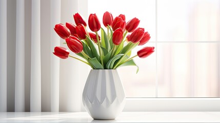 a beautiful bouquet of red tulips against a pristine white background, in a minimalist modern style, highlighting the elegance of these vibrant flowers.
