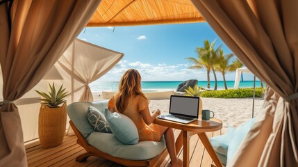 Fototapeta na wymiar Remote work concept woman freelancer with laptop on serene beach, embracing work life balance.
