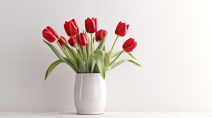 a beautiful bouquet of red tulips against a pristine white background, in a minimalist modern style, highlighting the elegance of these vibrant flowers.