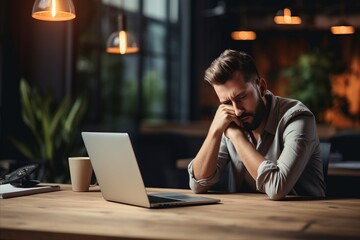 Stressed office worker seeking respite from laptop work, battling a headache, in need of rest