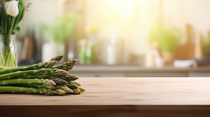 Fresh asparagus on wooden table with copy space, healthy cooking concept and nutritious ingredients - obrazy, fototapety, plakaty