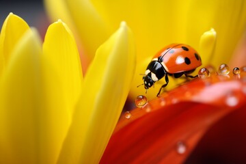 A macro shot of a ladybug on a vibrant yellow daffodil, with a soft-focus background
