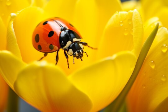 A macro shot of a ladybug on a vibrant yellow daffodil, with a soft-focus background