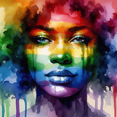 A woman painted in rainbow colors