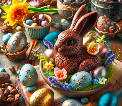 Easter Image. Chocolate rabbit in a basket surrounded by colorful eggs of the same material and some candies