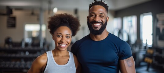 Happy athletic couple flexing muscles at gym with bright colors on blurred background