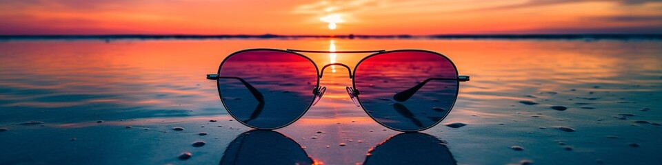 A minimalist photo of a pair of sunglasses reflecting a stunning summer sunset - obrazy, fototapety, plakaty