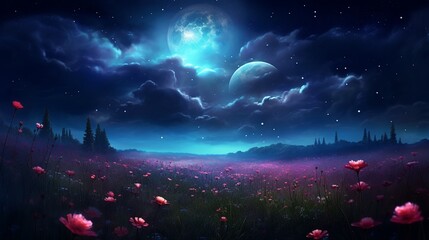 A mystical scene of a full moon illuminating a field of blooming night flowers - obrazy, fototapety, plakaty