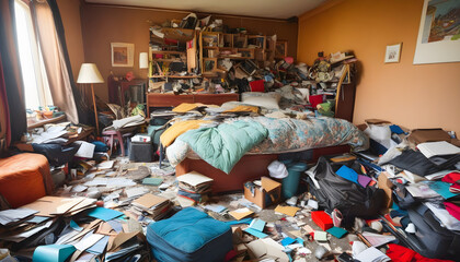 Messy room. Compulsive hoarding disorder concept.