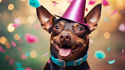 Happy dog celebrating birthday party with party hat and falling confetti on pastel background - obrazy, fototapety, plakaty