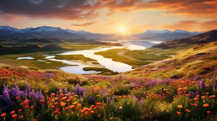 A panoramic view of a valley filled with colorful wildflowers and a meandering river - obrazy, fototapety, plakaty
