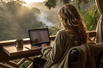 Freelancer woman working online with laptop and enjoying beautiful mountain landscape