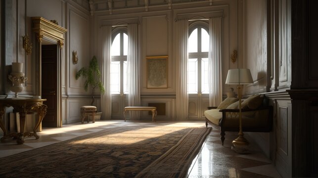 Design of a cozy living room interior in a modern classicism style. AI generated.