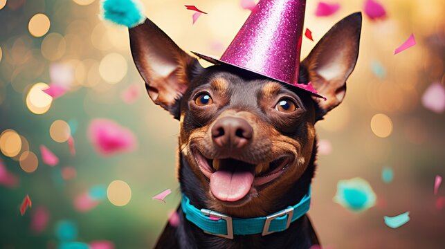 Happy dog celebrating birthday party with party hat and falling confetti on pastel background