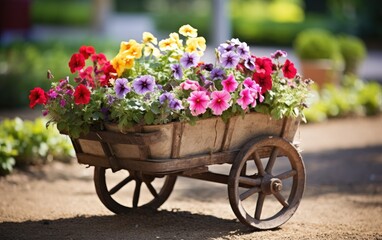 Fototapeta na wymiar Growing flowers in a flower bed in the form of a cart