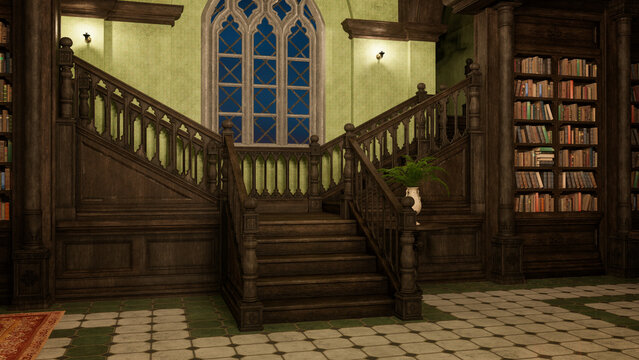 3D illustration of a grand wooden staircase in an old library with gothic styling.
