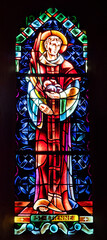 Stained glass window of church, Saint Étienne de Baigorry, Basque Country, New Aquitaine, France.