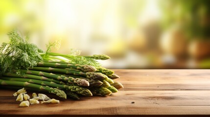 Fresh asparagus on wooden table in kitchen with blurred background for text placement