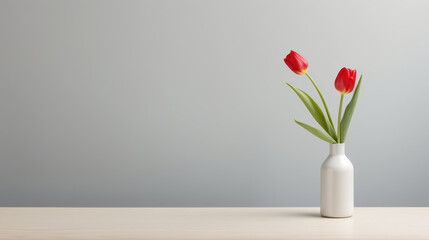 A Single Red Tulip in a White Vase on a Clean Desk.