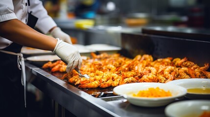 professional chef cooking tiger prawn on modern kitchen with blurred background and copy space
