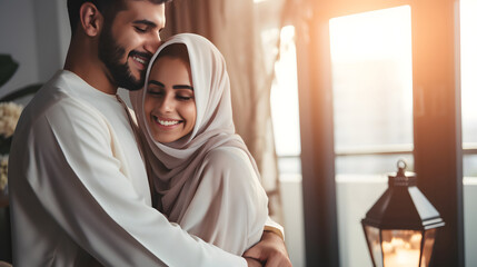 Close up portrait of a young arabian couple hugging, smiling and loving each other. An arabian man and a woman celebrate Valentine's Day. The concept of romantic relationships. - obrazy, fototapety, plakaty