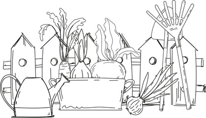 Coloring Book For Children'S Creativity Features A Rural Illustration Of A Fence, Seedlings, Watering Can, And Rake, Representing A Garden In The Village, Hand-Drawn And Ready For Print