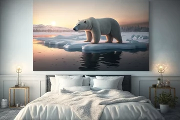  Bedroom interior with bed and painting with arctic bear. AI generated. © Serhii