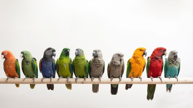 Various types of parrots are sitting in a row on a branch, white background, isolate. AI generated.