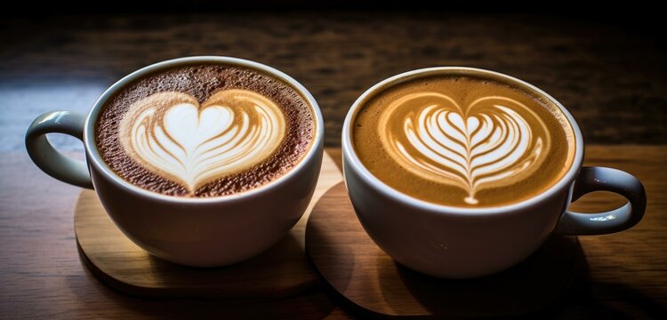 Two cups of coffee with heart shaped latte art. Generative AI.