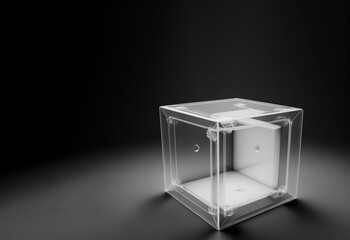 Empty podium pedestal transparent cube for product presentation, dark background. AI generated.