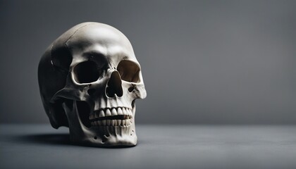 Human skull on grey background with copy space