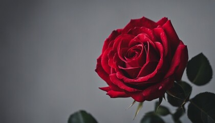 Beautiful red rose on a gray background with copy space